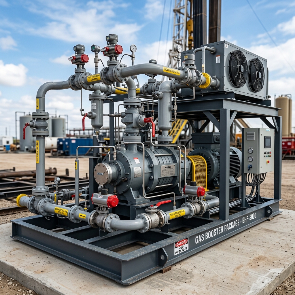 Oilfield booster and flow-control equipment